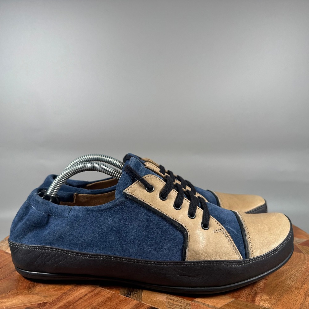 John Fluevog Blue Suede Tan Leather Colorblock Flat Sneakers Womens 8.5 Portugal